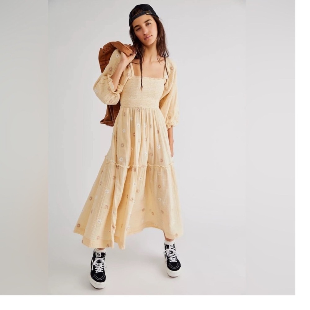 Free People Dahlia Midi Dress Yellow Embroidered Smocked Puff Sleeve Medium